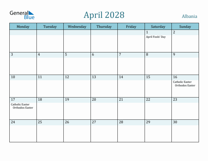 April 2028 Calendar with Holidays