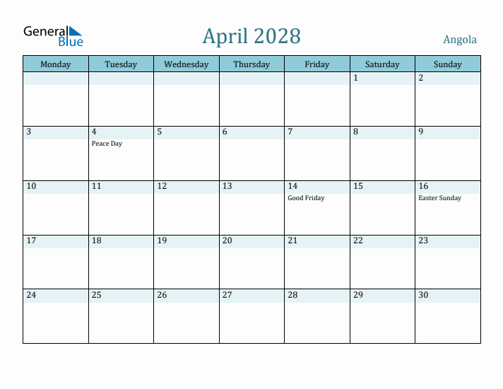 April 2028 Calendar with Holidays