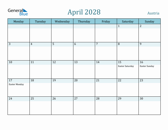 April 2028 Calendar with Holidays