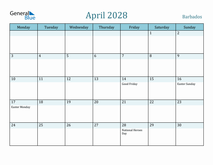 April 2028 Calendar with Holidays