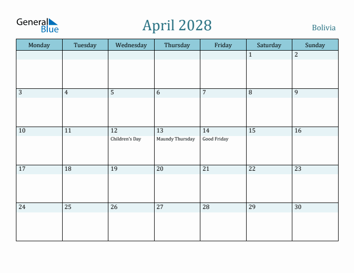 April 2028 Calendar with Holidays