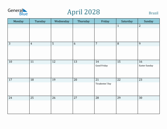 April 2028 Calendar with Holidays