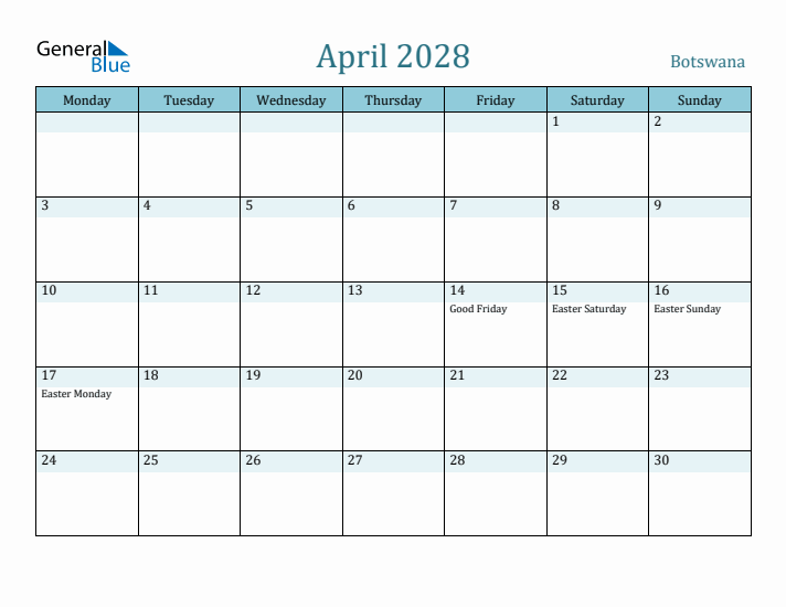 April 2028 Calendar with Holidays