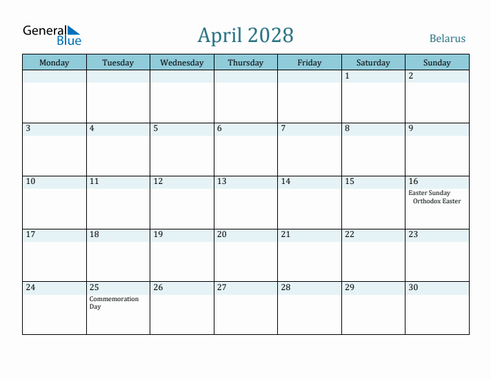 April 2028 Calendar with Holidays