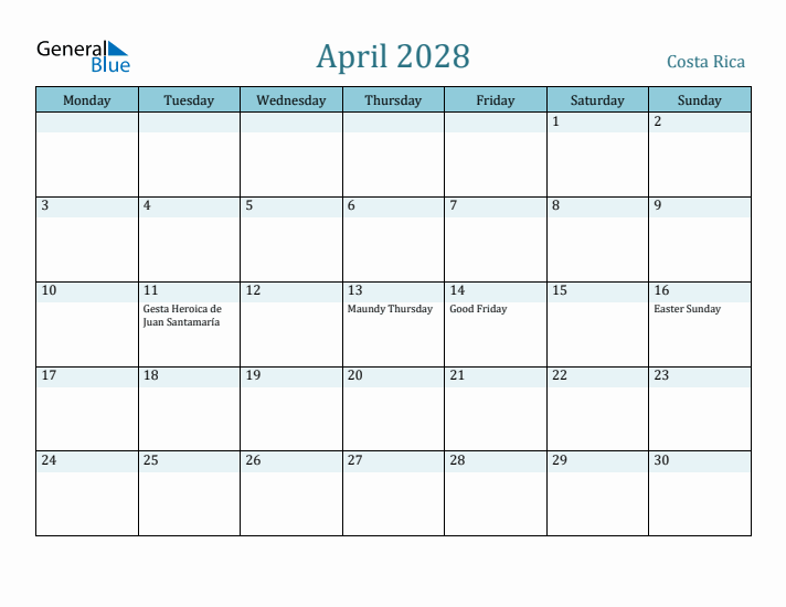 April 2028 Calendar with Holidays