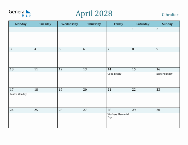 April 2028 Calendar with Holidays