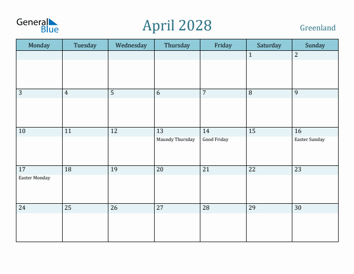 April 2028 Calendar with Holidays