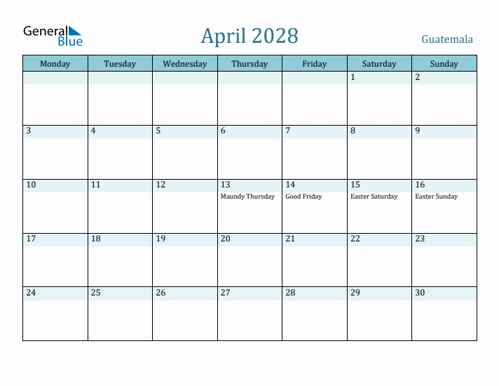 April 2028 Calendar with Holidays