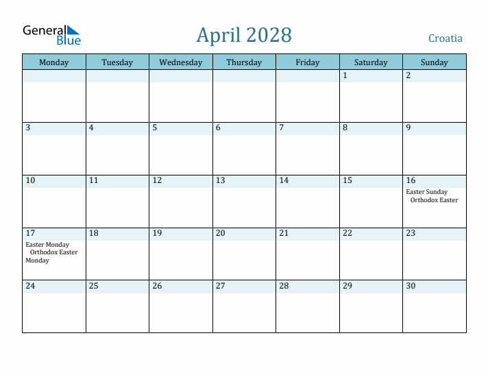 April 2028 Calendar with Holidays