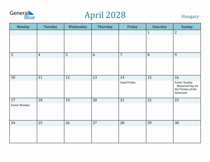 April 2028 Calendar with Holidays