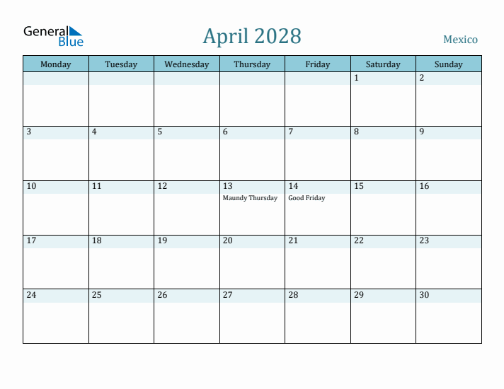 April 2028 Calendar with Holidays