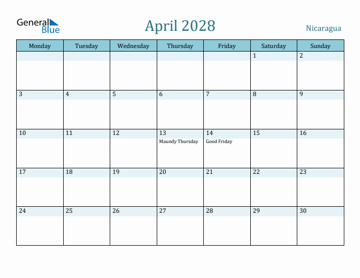 April 2028 Calendar with Holidays