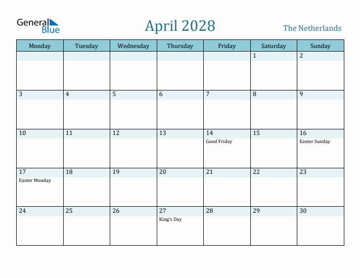 April 2028 Calendar with Holidays