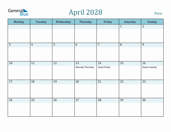 April 2028 Calendar with Holidays