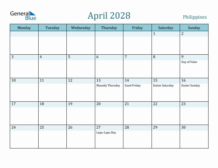 April 2028 Calendar with Holidays