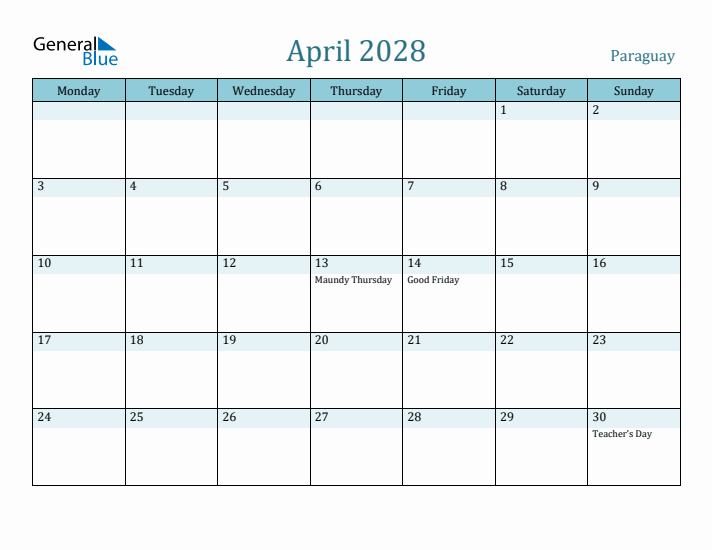 April 2028 Calendar with Holidays