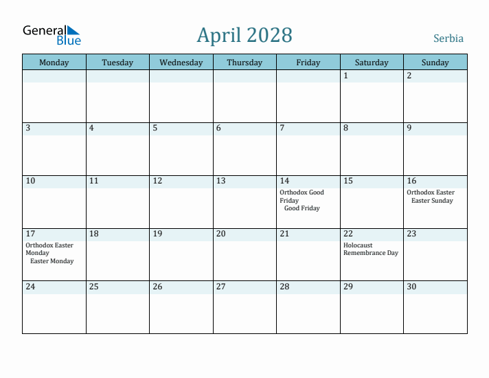 April 2028 Calendar with Holidays