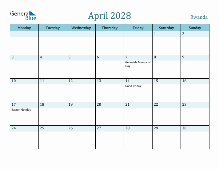 April 2028 Calendar with Holidays