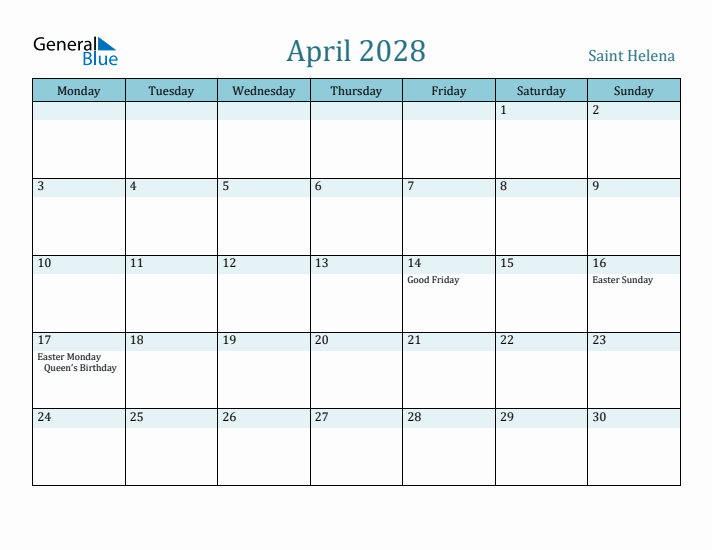 April 2028 Calendar with Holidays