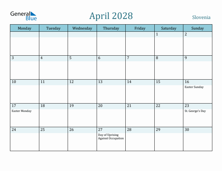 April 2028 Calendar with Holidays