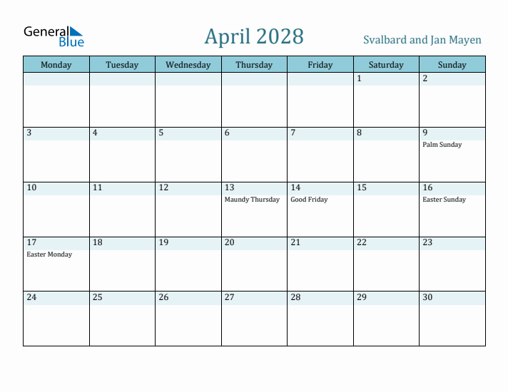 April 2028 Calendar with Holidays