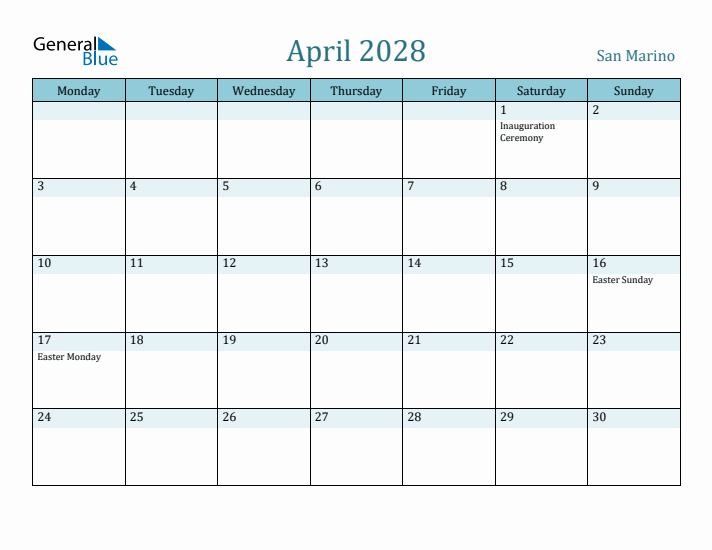 April 2028 Calendar with Holidays