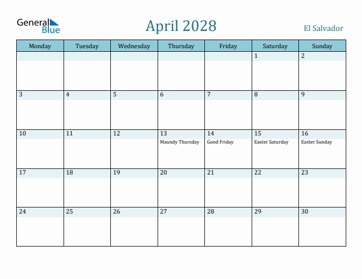 April 2028 Calendar with Holidays