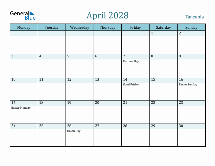 April 2028 Calendar with Holidays