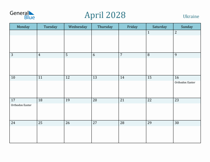 April 2028 Calendar with Holidays