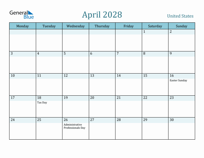 April 2028 Calendar with Holidays