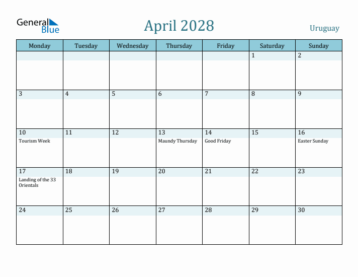 April 2028 Calendar with Holidays