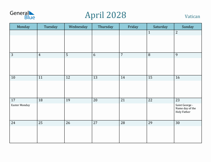 April 2028 Calendar with Holidays