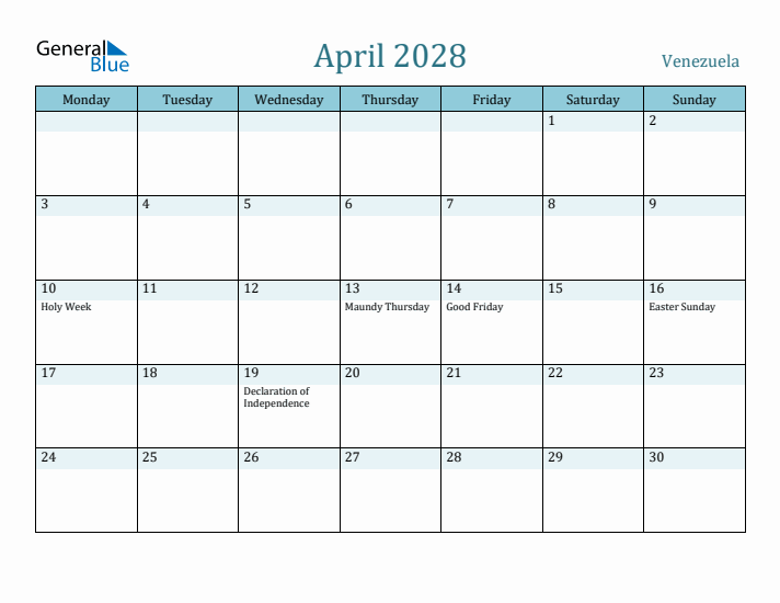 April 2028 Calendar with Holidays