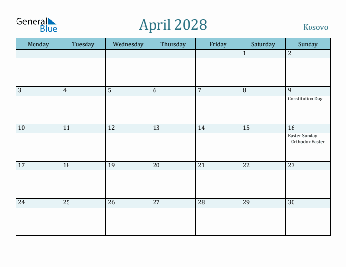 April 2028 Calendar with Holidays