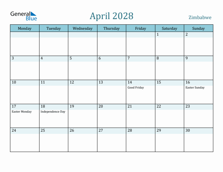 April 2028 Calendar with Holidays