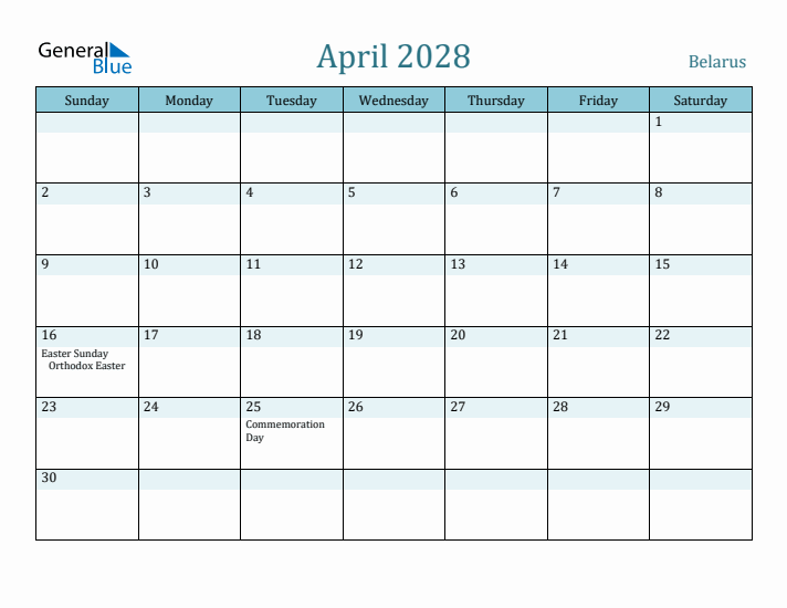 April 2028 Calendar with Holidays