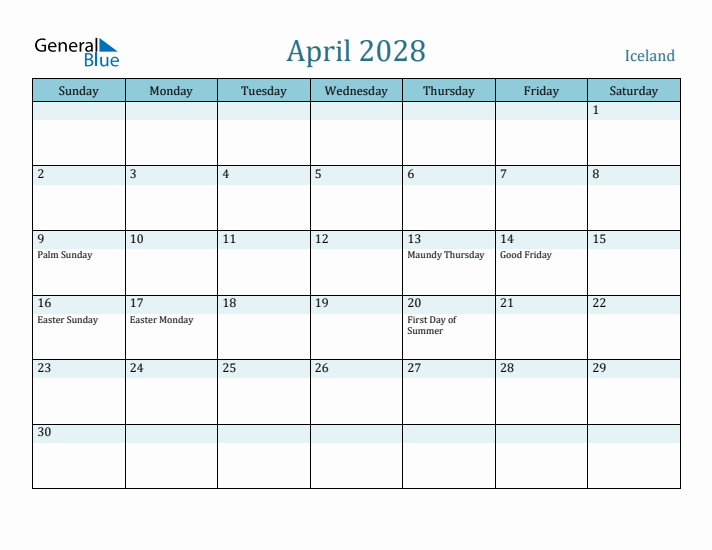 April 2028 Calendar with Holidays