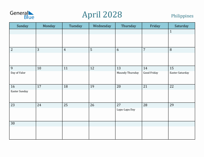 April 2028 Calendar with Holidays