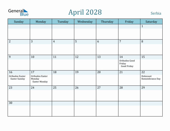 April 2028 Calendar with Holidays