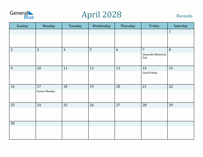 April 2028 Calendar with Holidays