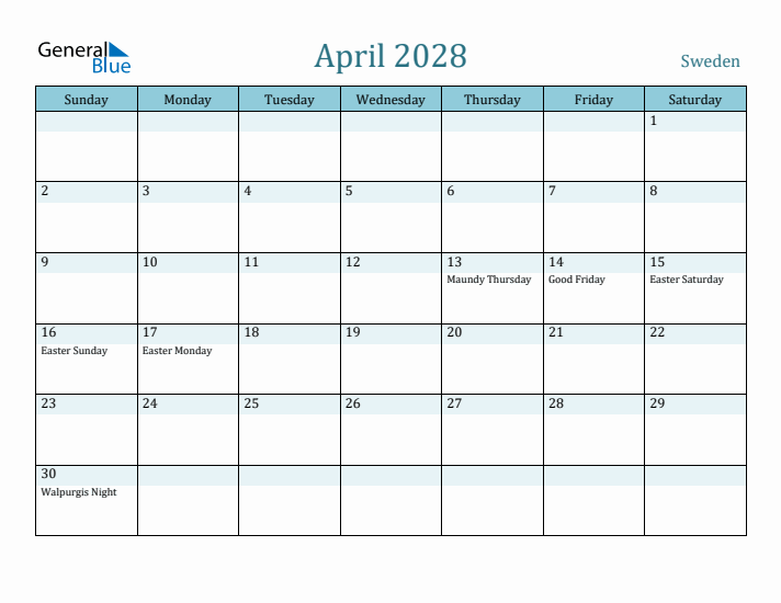 April 2028 Calendar with Holidays