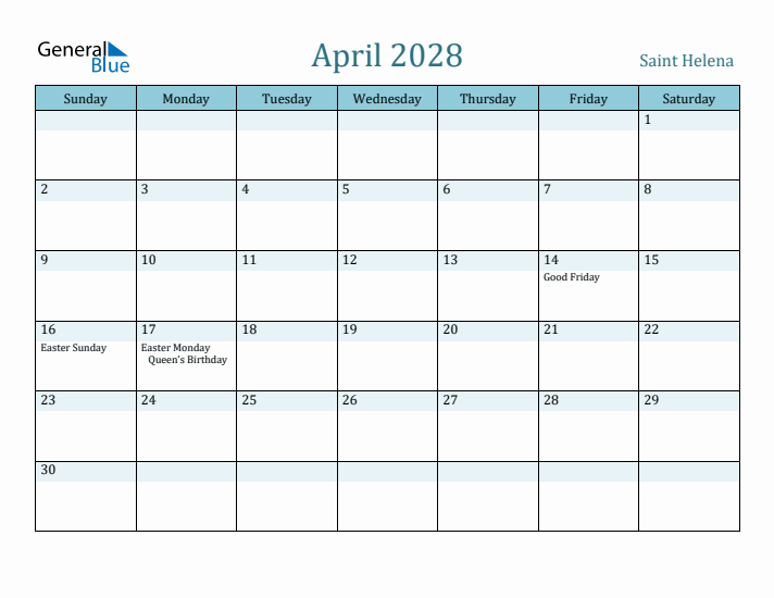 April 2028 Calendar with Holidays