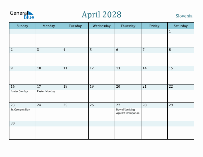 April 2028 Calendar with Holidays