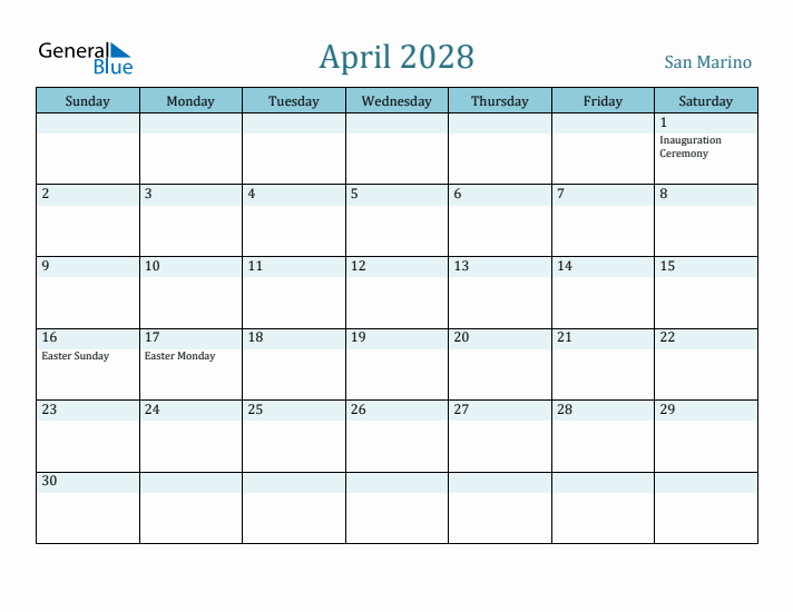 April 2028 Calendar with Holidays