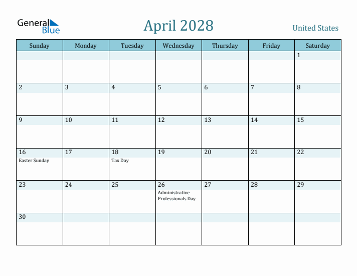 April 2028 Calendar with Holidays