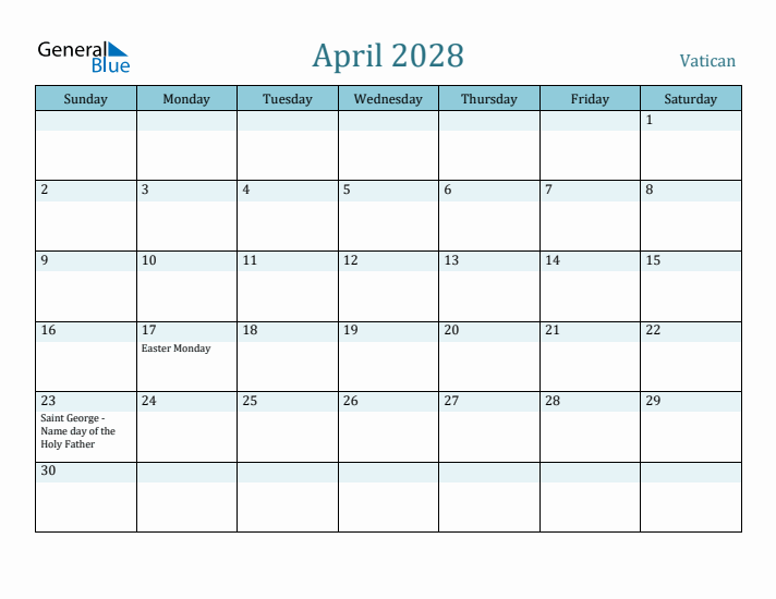 April 2028 Calendar with Holidays