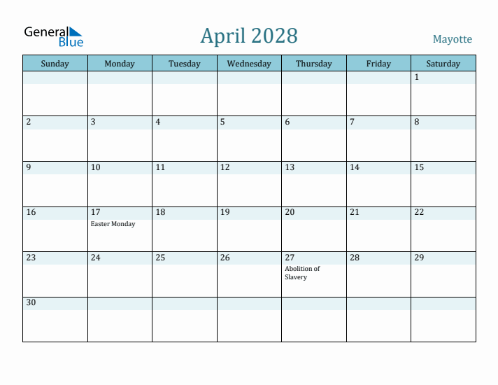 April 2028 Calendar with Holidays