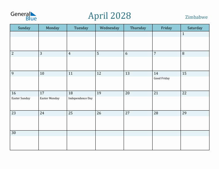 April 2028 Calendar with Holidays