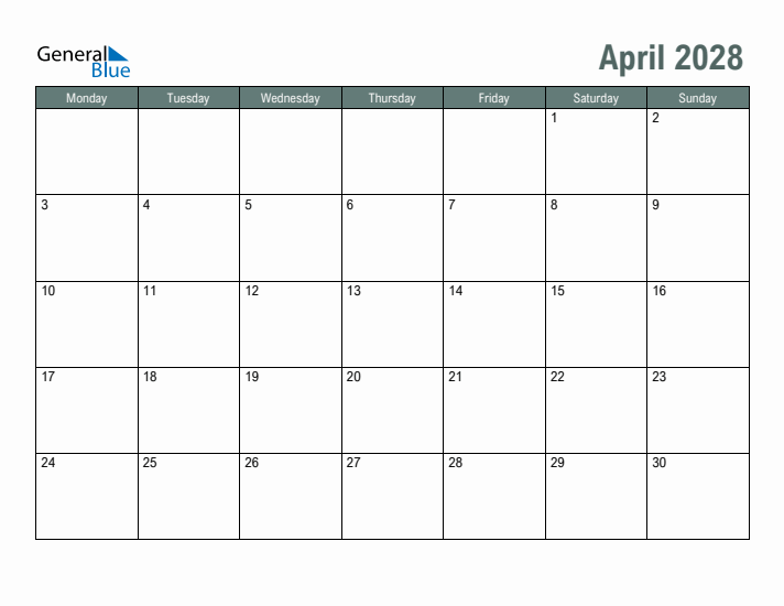 Free Printable April 2028 Calendar