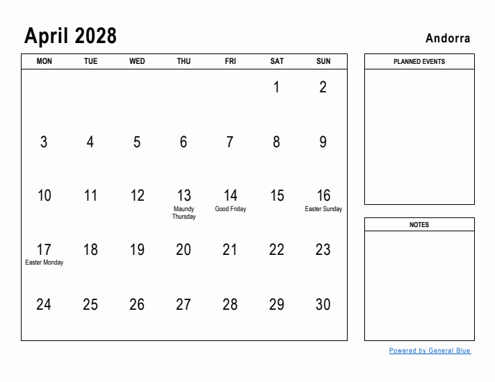 April 2028 Printable Monthly Calendar with Andorra Holidays